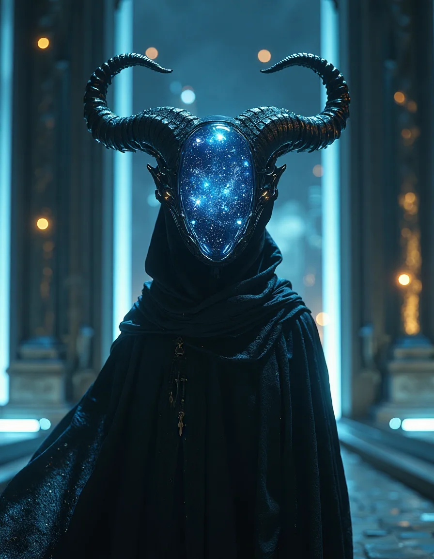 a cinematic, futuristic scene featuring close-up portrait image of a mysterious figure in a dark, flowing robe standing in a dreamy, serene landscape with tall and massive pillars under a starry night sky. The figure's head is an otherworldly, elongated helmet with a transparent, glowing glass that reveals swirling cosmic and galaxy patterns and electric-like energy within. the figure has two large symmetrical twisted horns, resembling a blend of advanced technology and alien design. The background should include distant tall buildings and skyscraper and a soft, ethereal glow on the horizon, adding to the enigmatic and otherworldly atmosphere, HKMagic, <lora:FantasyWizardWitchesFluxV2-000001:0.8>, <lora:Elden_Ring_-_Yoshitaka_Amano:0.5>