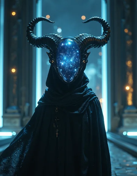a cinematic, futuristic scene featuring close-up portrait image of a mysterious figure in a dark, flowing robe standing in a dreamy, serene landscape with tall and massive pillars under a starry night sky. The figure's head is an otherworldly, elongated helmet with a transparent, glowing glass that reveals swirling cosmic and galaxy patterns and electric-like energy within. the figure has two large symmetrical twisted horns, resembling a blend of advanced technology and alien design. The background should include distant tall buildings and skyscraper and a soft, ethereal glow on the horizon, adding to the enigmatic and otherworldly atmosphere, HKMagic, <lora:FantasyWizardWitchesFluxV2-000001:0.8>, <lora:Elden_Ring_-_Yoshitaka_Amano:0.5>