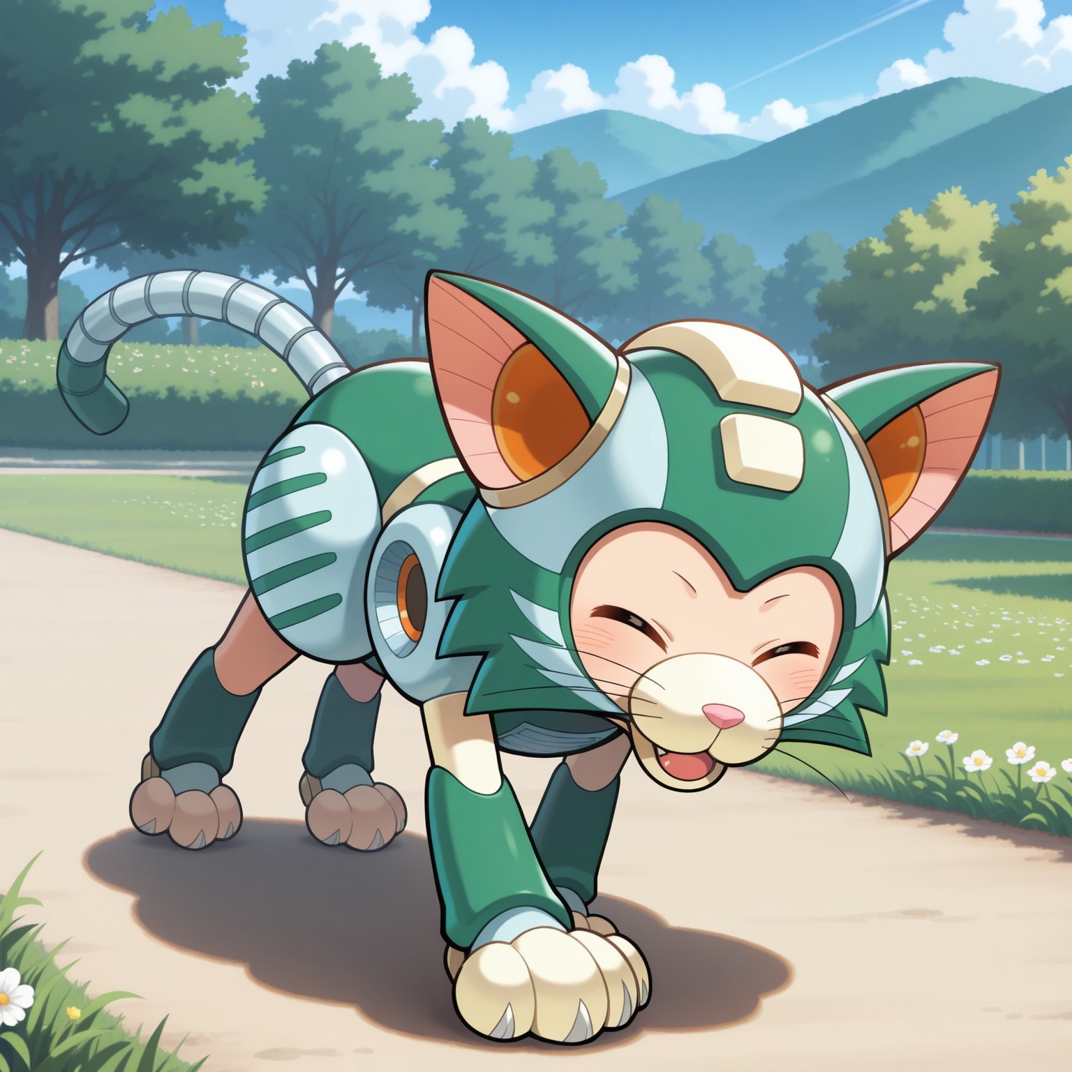 1boy, 2d, solo, Tango, male, robot, feline, cat, non-humanoid robot, feral, green helmet, cat-like ears, animal ears, orange eyes, cat muzzle, pink nose, green and gray body, two whiskers, mechanical tail, light yellow paws,

BREAK walking, outside, park, flowers, sunny day, looking at viewer, happy, blush lines, eyes closed, open mouth smile

BREAK best quality, amazing quality, very aesthetic, absurdres, newest, masterpiece, high quality