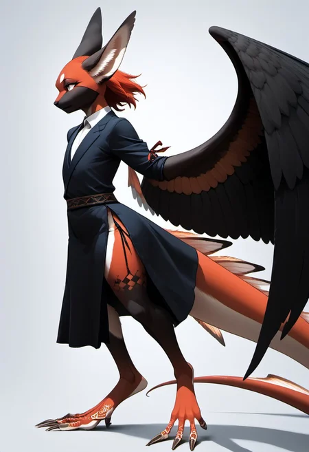 1person, Palagiri, long toes, nimble toes, handfeet, anthro, ((wing arms, large wings, no hands)), feline features, feline nose, long tail, tapering tail, feather tipped tail, digitigrade legs,
3/4 view, perfect tail, perfect wings,
Source: anime, score: 9, score: 8up,