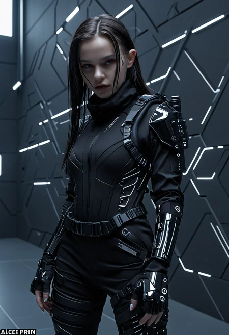 Techwear fashion <lora:Alice Prin OC-000005:1>,Alice Prin,1girl, . Futuristic, cyberpunk, urban, tactical, sleek, dark, highly detailed