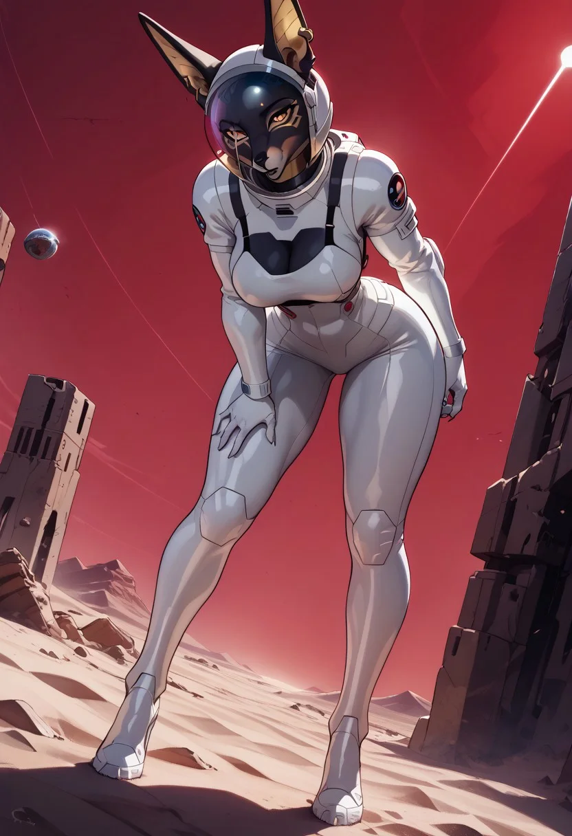 showcasing depth and dimension, score_9, score_8_up, score_7_up, score_6_up, source_furry, 1girl, anthro, (furry:1.5), jackal female, ((strap gap)), ((parted lips)), bent over, half-closed eyes, black fur,
(((black and gold spacesuit in Egyptian style))), ((intricate marble spacesuit with armor parts:1.5), ((full spacesuit and helmet)),
A master-level, highly detailed sci-fi scene set on a foreign desert planet, curios expression, clear amber eyes,
((shy body language)), pov, (curvy, athletic), female focus, (bulging muscles:1.1), (pumped breasts:1.15), ((wide hips):1.15), (thick thighs:1.4), ((long legs)), voluptuous,
abstract desert background with abandoned pyramids and red sky,
dynamic angle, dynamic, dynamic shot, sci-fi, futuristic, (volumetric lighting:1.2), reflections, ultra hd, visual effects, ambient occlusion, raytracing, soft lighting, blum effect, absolutely eye-catching, glow, shining, b3b0p, flat color, dark theme, 2D,