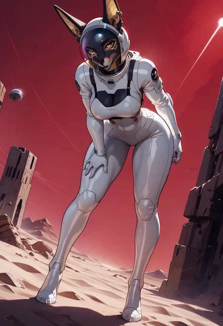 showcasing depth and dimension, score_9, score_8_up, score_7_up, score_6_up, source_furry, 1girl, anthro, (furry:1.5), jackal female, ((strap gap)), ((parted lips)), bent over, half-closed eyes, black fur,
(((black and gold spacesuit in Egyptian style))), ((intricate marble spacesuit with armor parts:1.5), ((full spacesuit and helmet)),
A master-level, highly detailed sci-fi scene set on a foreign desert planet, curios expression, clear amber eyes,
((shy body language)), pov, (curvy, athletic), female focus, (bulging muscles:1.1), (pumped breasts:1.15), ((wide hips):1.15), (thick thighs:1.4), ((long legs)), voluptuous,
abstract desert background with abandoned pyramids and red sky,
dynamic angle, dynamic, dynamic shot, sci-fi, futuristic, (volumetric lighting:1.2), reflections, ultra hd, visual effects, ambient occlusion, raytracing, soft lighting, blum effect, absolutely eye-catching, glow, shining, b3b0p, flat color, dark theme, 2D,