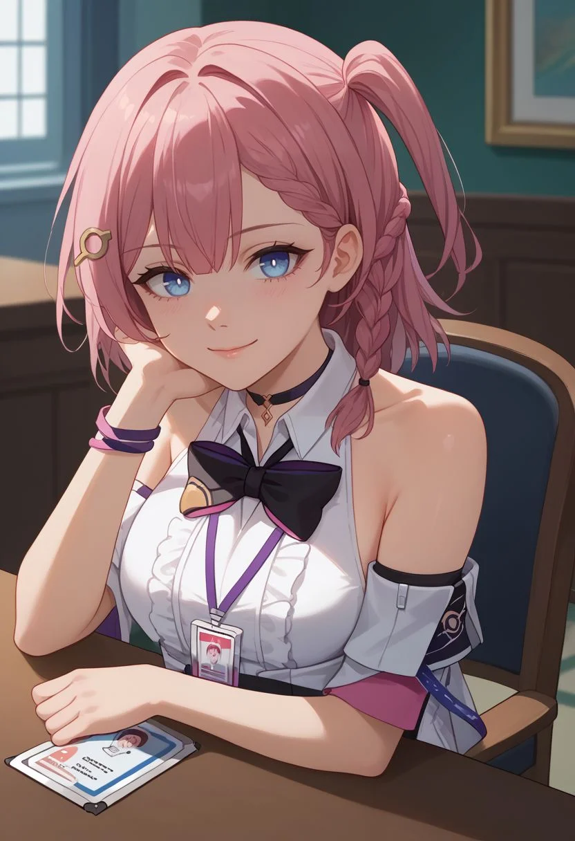 score_9, score_8_up, score_7_up, source_anime, 1girl, astadef, blue eyes, pink hair, medium hair, braid, one side up, hair ornament, hairclip, medium breasts, choker, bare shoulders, detached sleeves, white shirt, sleeveless shirt, collared shirt, black bowtie, id card, bracelet, black skirt, thigh strap, sitting, on chair, table, head rest, elbow rest, smile, looking at viewer, indoors, portrait, close-up, upper body, facing viewer, <lora:Asta_v1-000010:1>