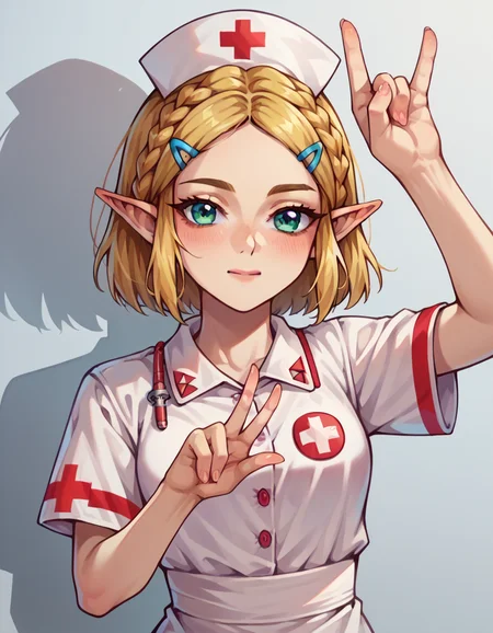score_9,score_8_up,score_7_up,
<lora:hud_m3tal_h4nds_XLP:0.8> hud_m3tal_h4nds, 1girl, arm up, \m/, upper body, shadow puppet,
princess zelda, <lora:maplezelda.pony:1> maplezelda, nurse, nurse cap, white thighhighs,