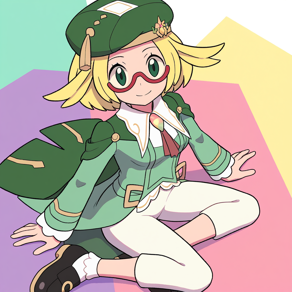 2d, masterpiece, best quality, amazing quality, highres, absurdres, newest, 1girl, solo, sitting, yokozuwari, from above, dutch angle, looking at viewer, multicolored background, simple background, colorful background, medium breasts, ncbianca, def colors, short hair, blonde hair, green_eyes, shoes, glasses, bobby socks, white socks, white pants, black footwear, green coat, red ascot, green_headwear, beret, semi-rimless_eyewear, red-framed eyewear, green cape, two-sided coat, collared shirt, white shirt, red gemstone, green gemstone, long sleeves