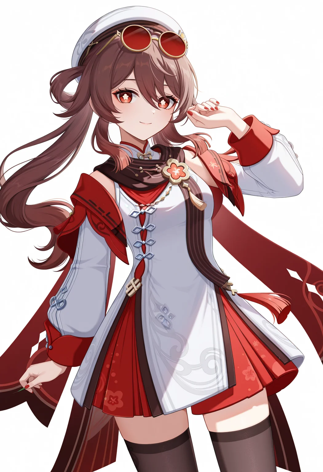 <lora:Hu Tao-New-clothes_illustrious-000026:1>,
HTNC \(genshin impact\),brown hair,flower-shaped pupils,eyewear on head,solo,white hat,simple background,long sleeves,red eyes,long hair,looking at viewer,closed mouth,twintails,smile,official alternate costume,red nail polish,red nails,black thighhighs,white dress,cowboy_shot,white_background