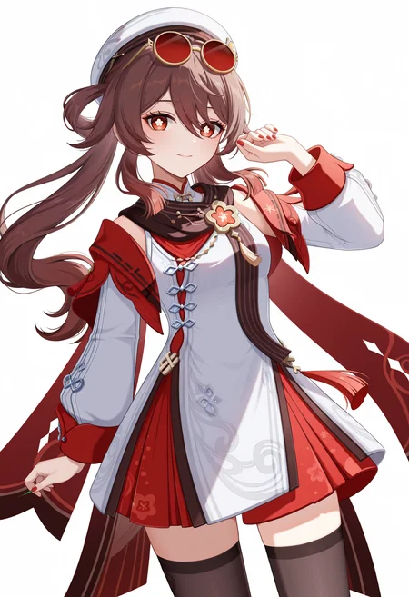 <lora:Hu Tao-New-clothes_illustrious-000026:1>,
HTNC \(genshin impact\),brown hair,flower-shaped pupils,eyewear on head,solo,white hat,simple background,long sleeves,red eyes,long hair,looking at viewer,closed mouth,twintails,smile,official alternate costume,red nail polish,red nails,black thighhighs,white dress,cowboy_shot,white_background