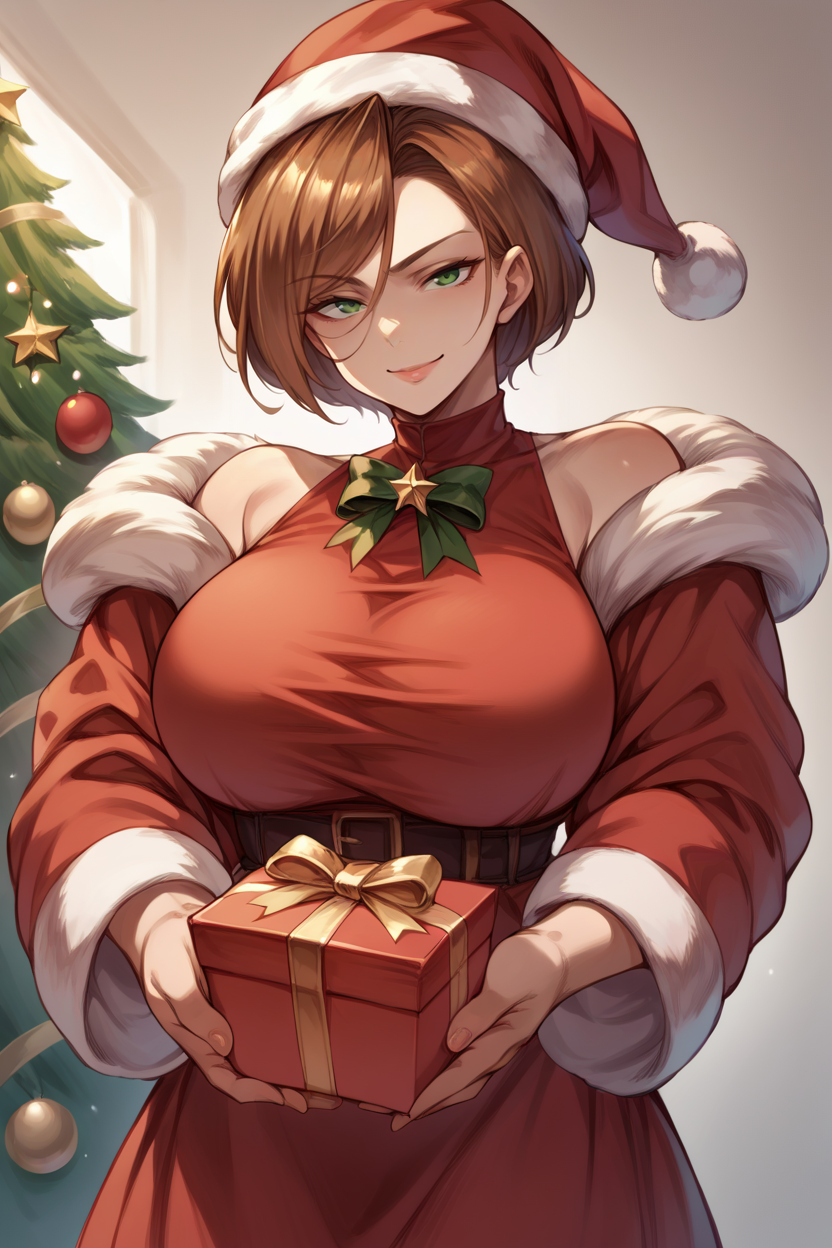 score_9, score_8_up, score_7_up, score_6_up, source_anime, 1girl, solo <lora:gbfbk-pdxl-nvwls-v1-000005:1> gbfBK, short hair, brown hair, green eyes, big breasts, santa hat, red dress, fur trim, long sleeves, smile, holding gift box, looking at you
