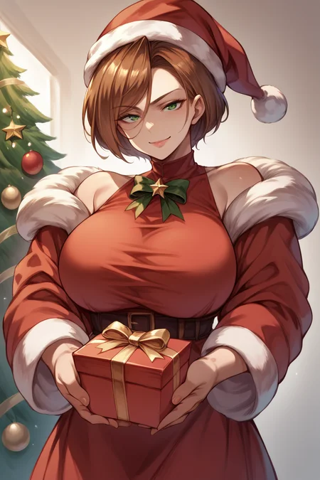 score_9, score_8_up, score_7_up, score_6_up, source_anime, 1girl, solo <lora:gbfbk-pdxl-nvwls-v1-000005:1> gbfBK, short hair, brown hair, green eyes, big breasts, santa hat, red dress, fur trim, long sleeves, smile, holding gift box, looking at you