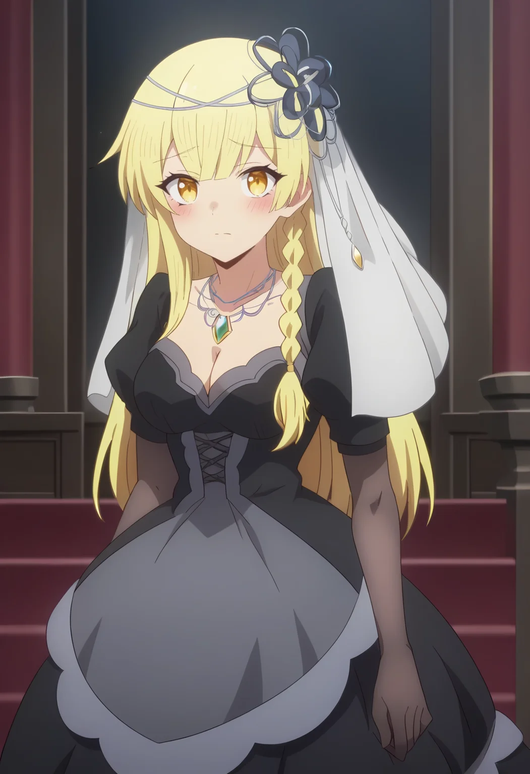 <lora:Balirossa:0.9> balirossa, blonde hair, long hair, 1girl, side braid, solo, yellow eyes, medium breasts, blush, cleavage, dress, jewelry,necklace, puffy sleeves, black dress, hair ornament, juliet sleeves , gem, short sleeves,puffy short sleeves, hair flower, elbow gloves, veil, looking at viewer, score_9, score_8_up, score_7_up, , anime coloring ,BREAK source_anime, anime