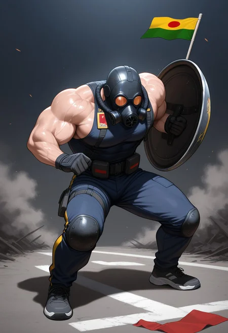 masterpiece, best quality, amazing quality, very aesthetic, absurdres, newest, detailed background, Muscular man, solo, 1boy, Colombian flag, sleeveless shirt, very muscular body, gas mask, shield with the Colombian flag, in protests, riots, fighting stance.