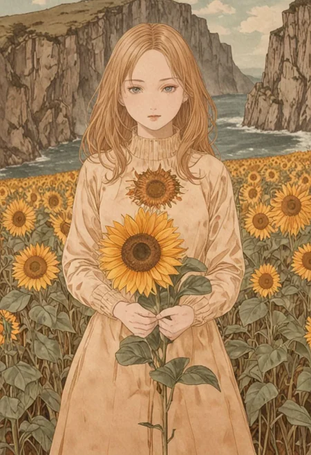 golden_ratio_xl, a woman holding a sunflower with a very large center, sunflower, 1girl, upper body, holding, orange theme, flower, nature, orange flower, in a sunny field overlooking the ocean, cliffs, waves
<lora:golden_ratio:1>
<lora:aesthetic_anime_v1s:1>