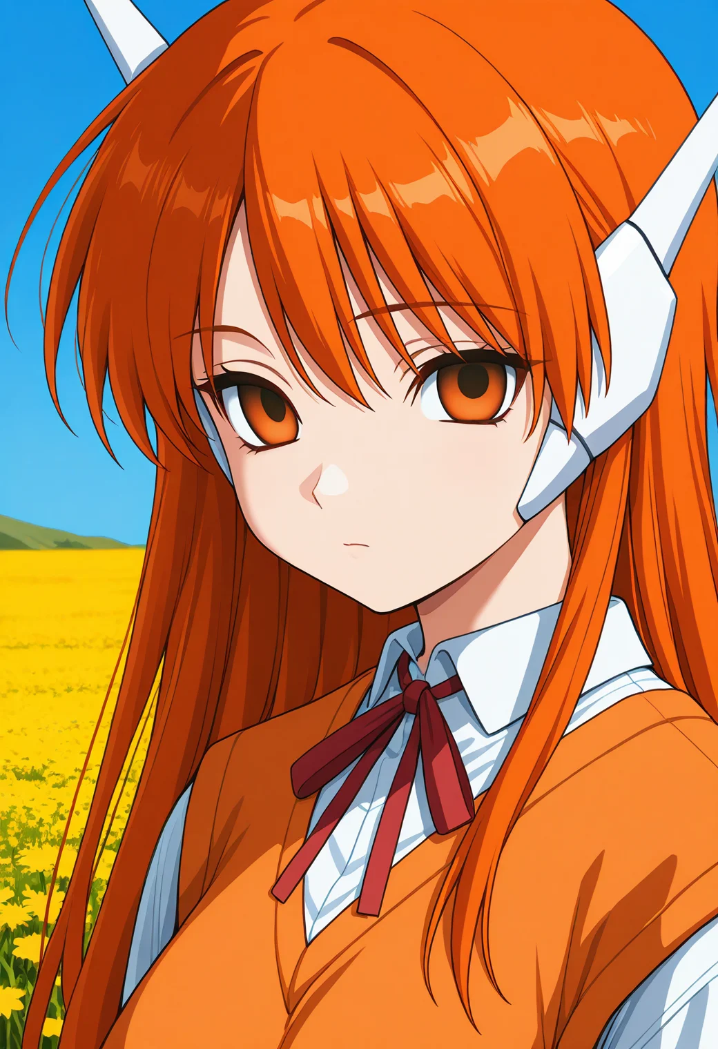 mx-13_serio, orange eyes, empty eyes, orange hair, long hair, robot ears, school uniform, orange sweater vest, neck ribbon, white shirt, long sleeves, <lora:HMX-13_Serio_illustrious_ver1:0.8>
expressionless, closed mouth, 1girl, solo, (field:1.2), (blue sky:1.2), looking at viewer,, masterpiece, best quality, general,, (upper body:1.2), (close-up:1.2), (facing viewer:1.2), (open eyes:1.4), (portrait:1.2)