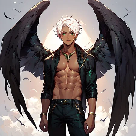 score_9, score_8_up, score_7_up,medium shot,cowboy shot,1boy,<lora:wings-000020:1>wingsd, black wings, abs,  bedroom, dark skin, white hair,  green eyes