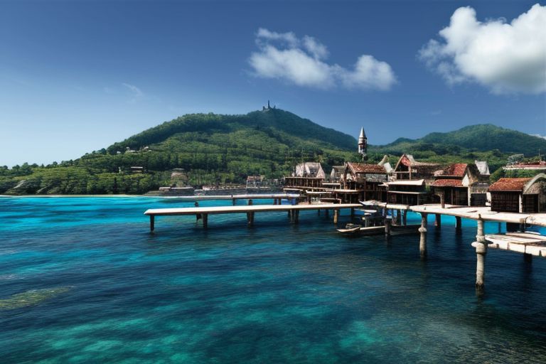 (masterpiece:1.2), (best quality,:1.2), 8k, HDR, ultra detailed, ((photorealistic)), perfect anatomy, pire, ship, pier, over looking a harbor in the caribbean, noon