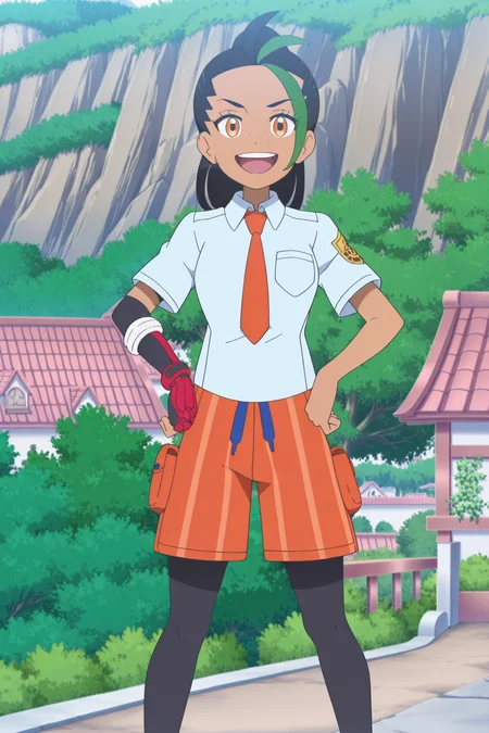 anime screencap, anime coloring, detailed face, masterpiece, best quality, very aesthetic, absurdres, volumetric lighting, official style, amazing quality, ultra detailed, highres, amazing quality, scenery, beautiful detailed hair, beautiful detailed eyes, detailed fingers,
outside, in a town, cliff, trees, flowers,
<lora:Nemona_Pokémon_Horizons_The_Series:1>
Nemona (character), nemona (pokemon), naranja academy school uniform, 1girl, freckles, school uniform, shirt, pantyhose, smile, orange necktie, necktie, shorts, single glove, orange shorts, open mouth, grinning, smile, black hair, multicolored hair, green hair, hands on hips, looking at the viewer