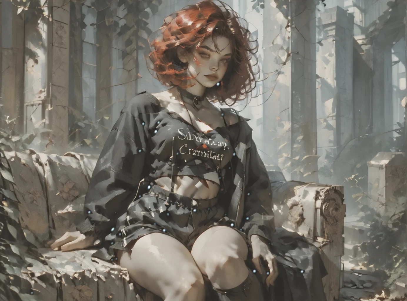 score_9, score_8_up, score_7_up, Environmental scene, character off to side, sitting in repose enjoying the view, 1girl, pale skin, medium breasts, <lora:sm0k3XLP:1>, <lora:goth_clothes:1>, goth casual clothes, jewelry, black stockings, black shorts, crimson red hair, black highlights, <lora:aleriia:1>, <lora:Dark_Retro_Scifi_Aesthetic:1>,