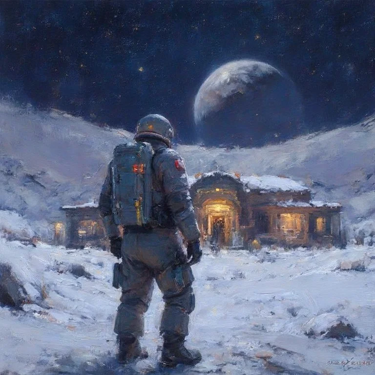 oilpainting,Star Citizen,wide angle long shot back view of an astronaut from Mass Effect standing in a rocket area in the snow looking out towards a giant futuristic military outpost in the background,giant futuristic military spaceship floating in the starry sky,giant planet in the sky,warm lighting at night time,highly detailed,ultra-high resolutions,32K UHD,best quality,masterpiece,