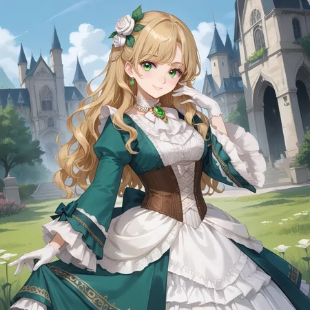 1girl,solo,
(score_9,score_8_up,score_7_up, source_anime,rating_all),
BREAK
dragon, hand on own face, blush, light smile,
<lora:lom-andrey-hall-pony6-xl-flyingdeer-e13p-r1:0.65>,
AndreyHall,
blonde hair,long hair,wavy hair,
hair ornament,(hair flower, white rose),
green eyes,
necklace,jewelry,
(bow, white bow),
(gloves, white gloves),
green gemstone,
white ascot,
brooch,frills,lace trim,
(dress, green dress, white dress),
corset,
(long sleeves, wide sleeves),
castle,victorian,
