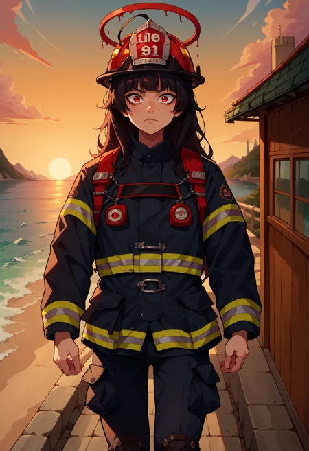 score_9, score_8_up,score_7_up, source_anime, 1girl, solo, <lora:EPbaTsurugi_epoch_8:0.8>, EPbaTsurugi, black hair, long hair, red eyes, blunt bangs, halo, ahoge, background, cowboy shot, EPFireFighter, <lora:EPFireFighterPony:1.0>, wearing EPFireFighter, jacket, black jacket, pants, black pants, harness, helmet, red headwear,sunset, bridge, ocean, water, building, mountainous horizon,