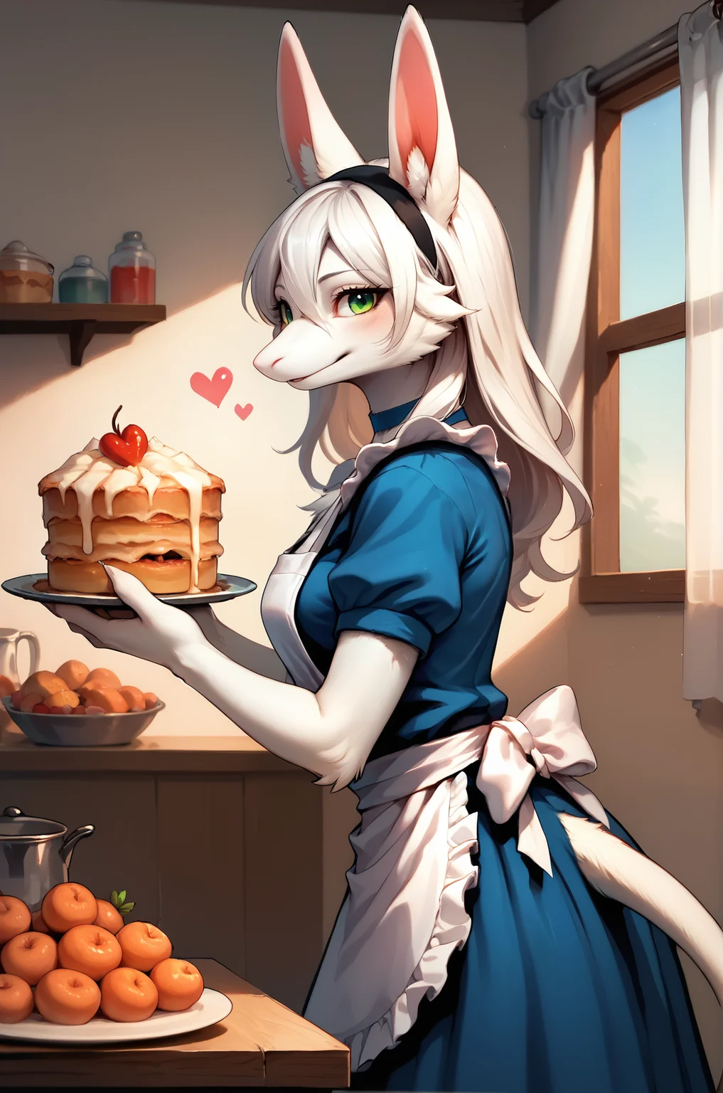 score_9, score_8_up, score_7_up, fluffy, tufts, furry, BREAK,
freyac, 1girl, solo, female, white hair, blue dress, white apron, indoors, leaning forward, white curtains, green eyes, looking at viewer, upper body, black hairband, tail up, white fur, heart, amused, happy, blush, blue choker, cowboy shot, playful, from side, food, <3, white ear fluff, ear fluff, tail, hairband, cute, light smile,
zPDXL, <lora:Freya10S 97:1>, <lora:Pony_DetailV2.0:1>