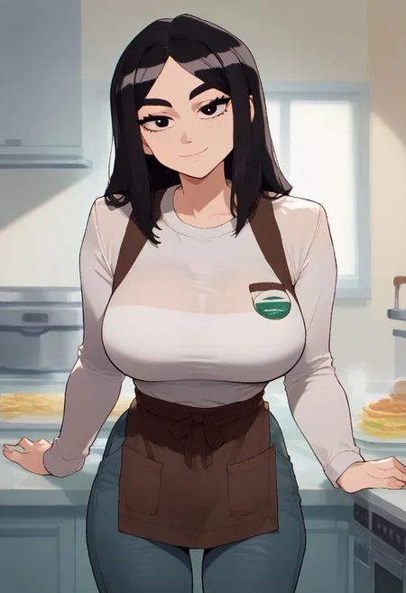 score_9, score_8_up, score_8_up, StaceyPilgrim, 1girl, solo, black hair, apron, black eyes, pants, long sleeves, shirt, big breasts, long hair, jeans, indoors, looking at viewer smile, looking at viewer,smile, cowboy shot,