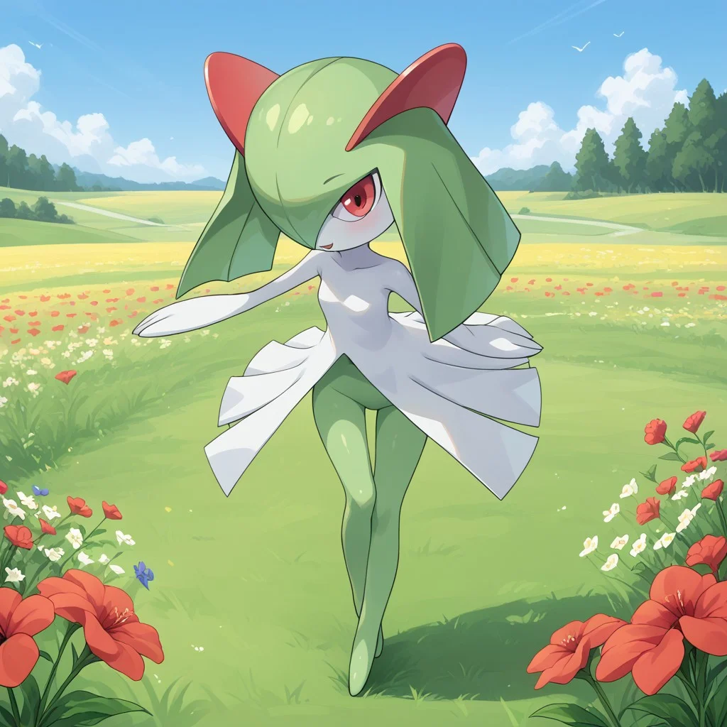 score_9, score_8 score_7, score_6_up, 1girl, Kirlia, one_leg_up, dancing, flowers, Field, masterpiece, looking at viewer, glistening,