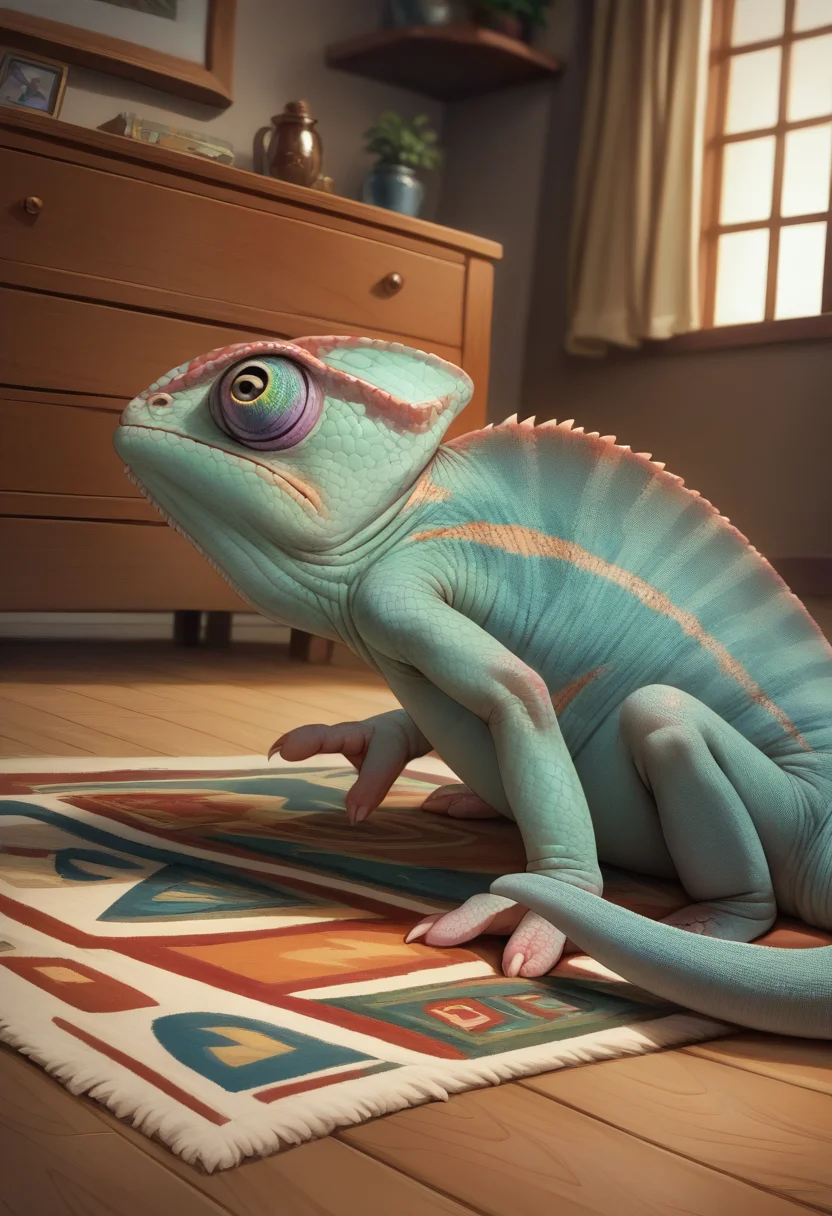 score_9, score_8_up, score_7_up, source_anime, Chameleon, lizard, back spikes, feral, scales, indoors, carpet, <lora:ChamChameleonPonyXL:1.0>