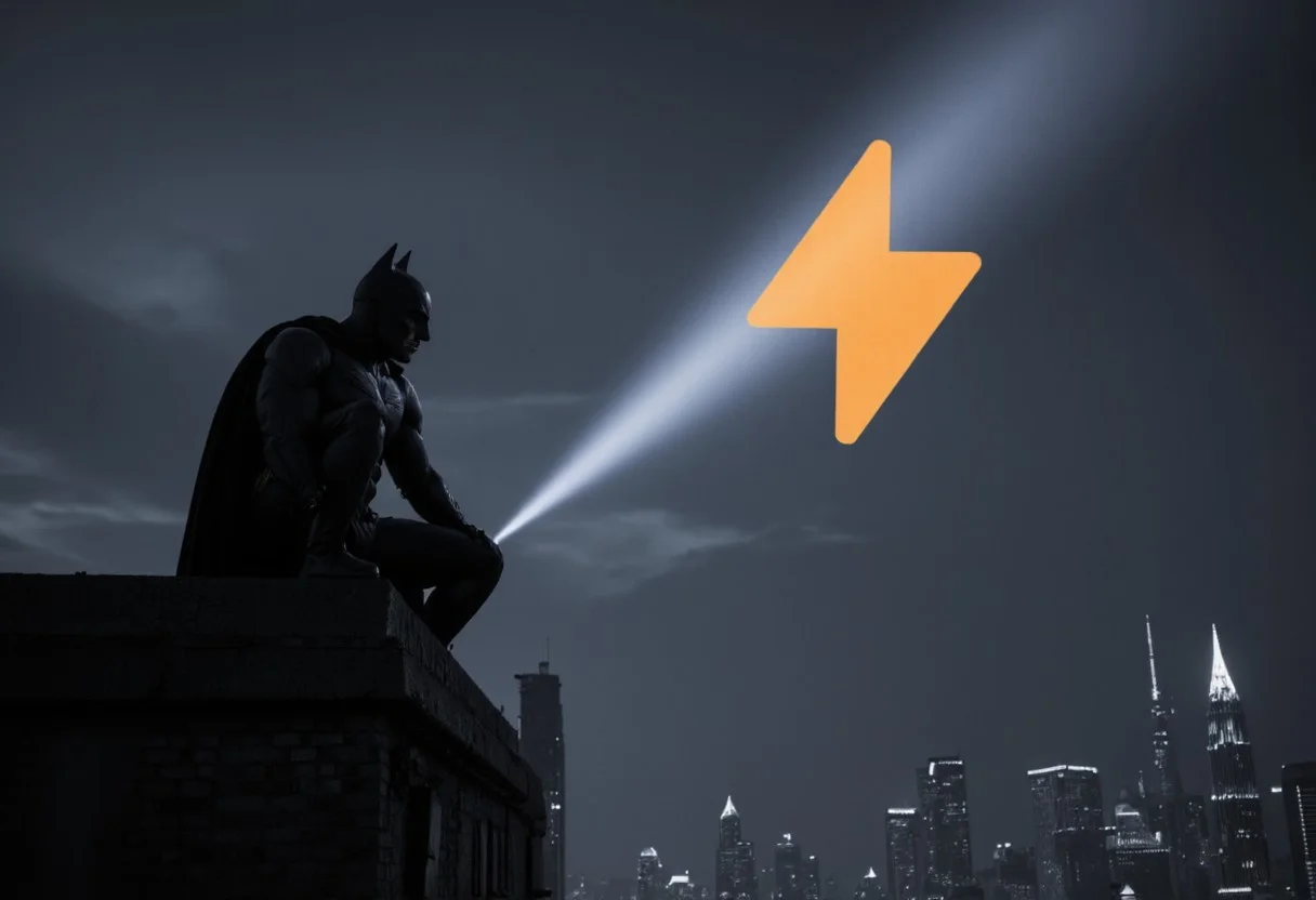 Batman crouched ontop of a tall building looking into the night sky in Gotham city. The dark sky is full of clouds and it's gloomy. There's a spotlight beam is projecting a SuchBuzzLogo onto a cloud. Batman is saying, "Buzz is needed." , masterpiece, digital art, highly detailed, overall detail, atmospheric lighting, awesome background, highly detailed styling, studio photo, intricate details, highly detailed, cinematic,