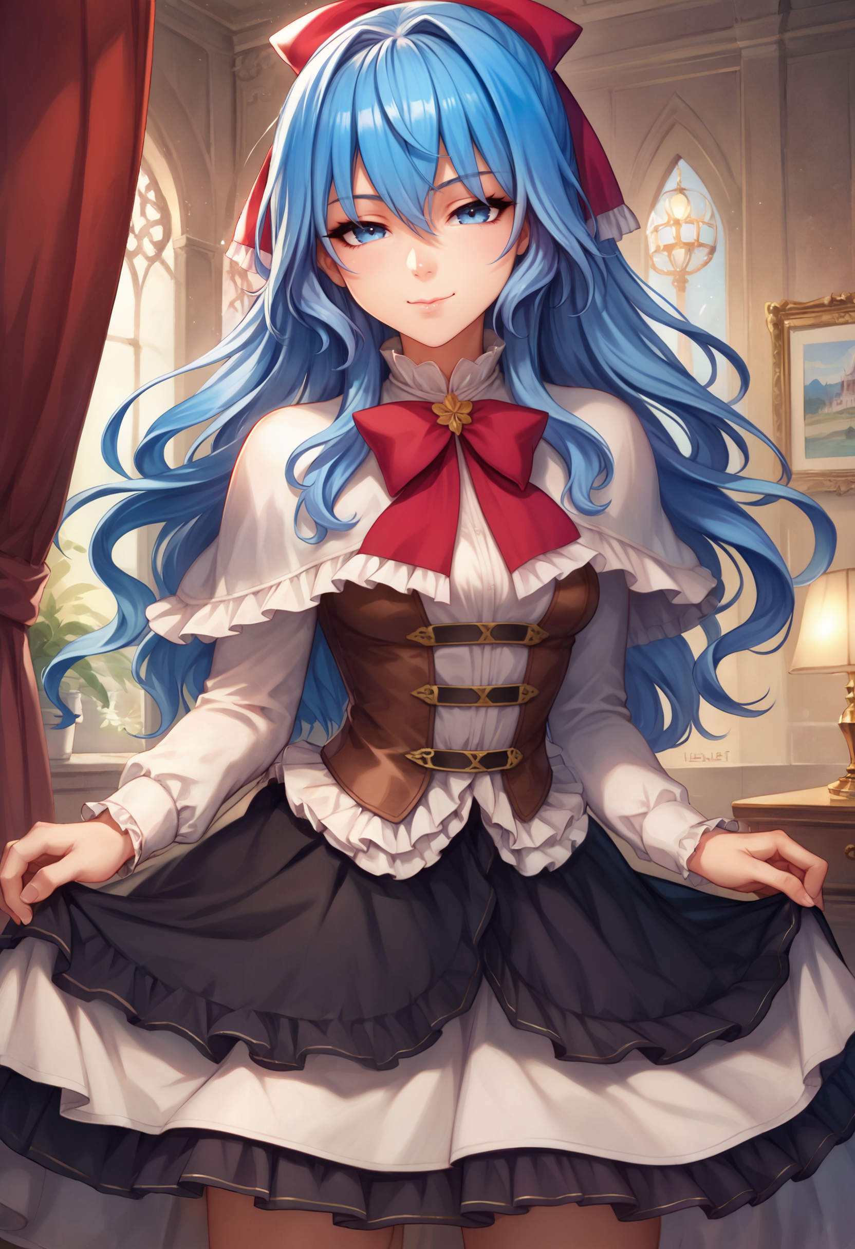 zPDXL, source_anime, BREAK
liselotte, blue hair, sidelocks, blue eyes,
default outfit, black skirt,
closed mouth, naughty face,
cowboy shot, standing,
indoors   <lora:liselotte-ot-pony3-006:0.8>