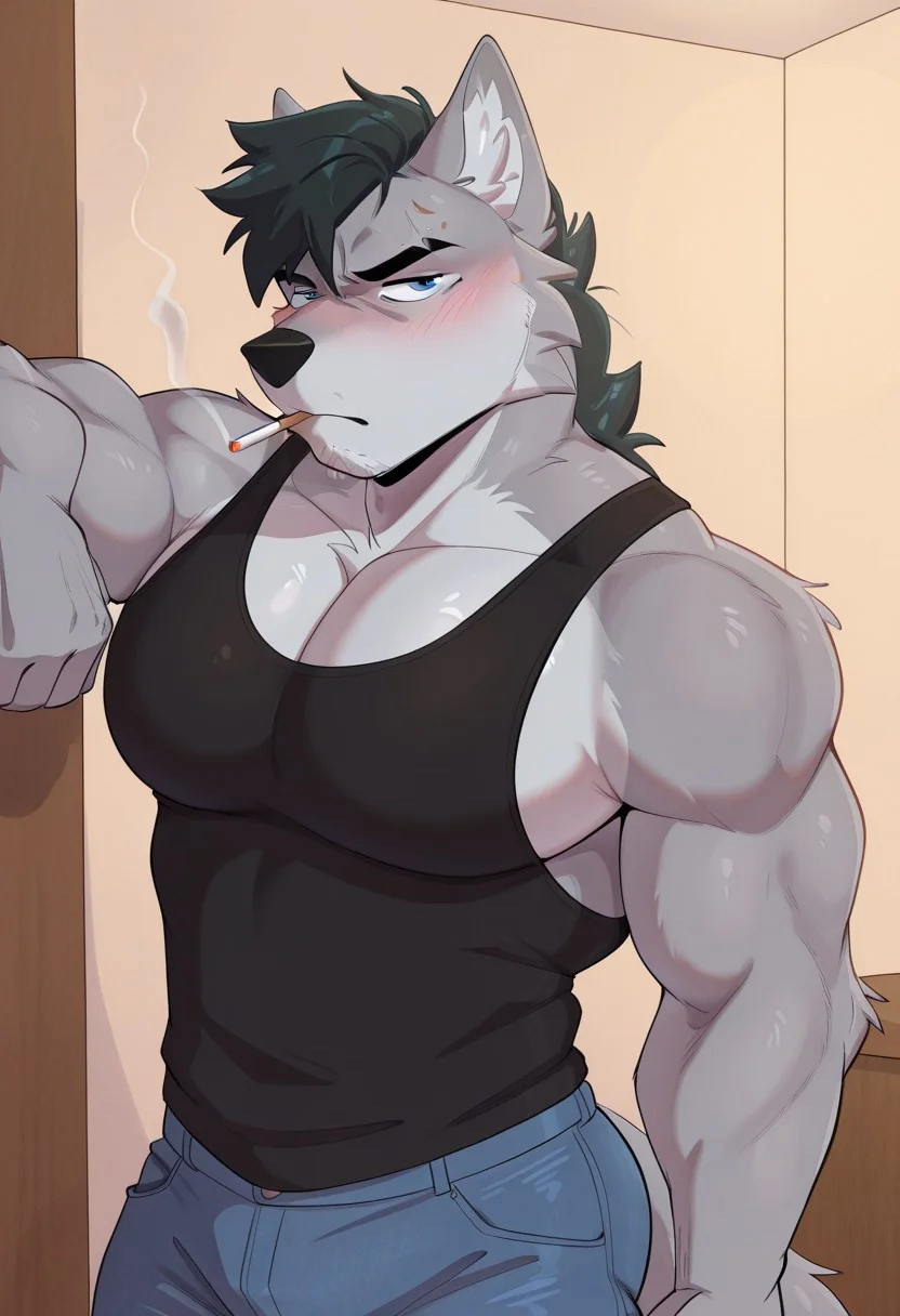 masterpiece, best quality, amazing quality, very aesthetic, absurdres, newest, high quality, detailed, solo, 1boy, (Dustynn), yamathegod, male focus, male only, solo male, wolf boy, bara, muscular male, frown, annoyed, adult, mature male, muscular, bara, large pectorals, pecs, broad shoulders, indoors, standing, blue eyes, jeans, looking at viewer, leaning against the wall, black tank top, stubble, manly, muscular male, glaring at viewer, detailed fur, portrait shot, face focus, big pecs, sidepecs, angry, blush, ((((cigarette)))), smoking, clear eyes, eyebrow with cut