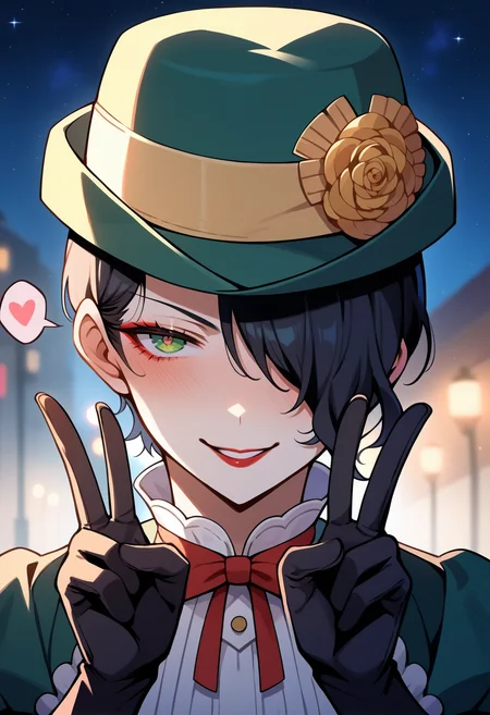 score_9, score_8_up, score_7_up, source_anime, <lora:zs_MayoneXL:1>, mayonesh, hat, green hat, black hair, medium hair, hair over one eye, makeup, lipstick, green dress, puffy sleeves, black gloves, smirk, blush, v, double v, cowboy shot, street, at night, starry sky, fog, spoken heart, speech bubble, blurry background,