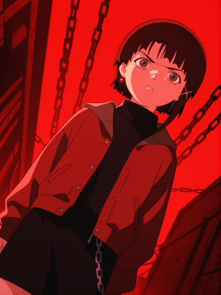 masterpiece, best quality, amazing quality, absurdres, newest, dynamic_angle, defined facial features, anime coloring, anime screencap,
<lora:Lain_IL1.1v0:1> iwakura lain \(sel\), cyberia lain, sweater, black skirt, earrings, jewelry, red theme, jacket, angry, chain,