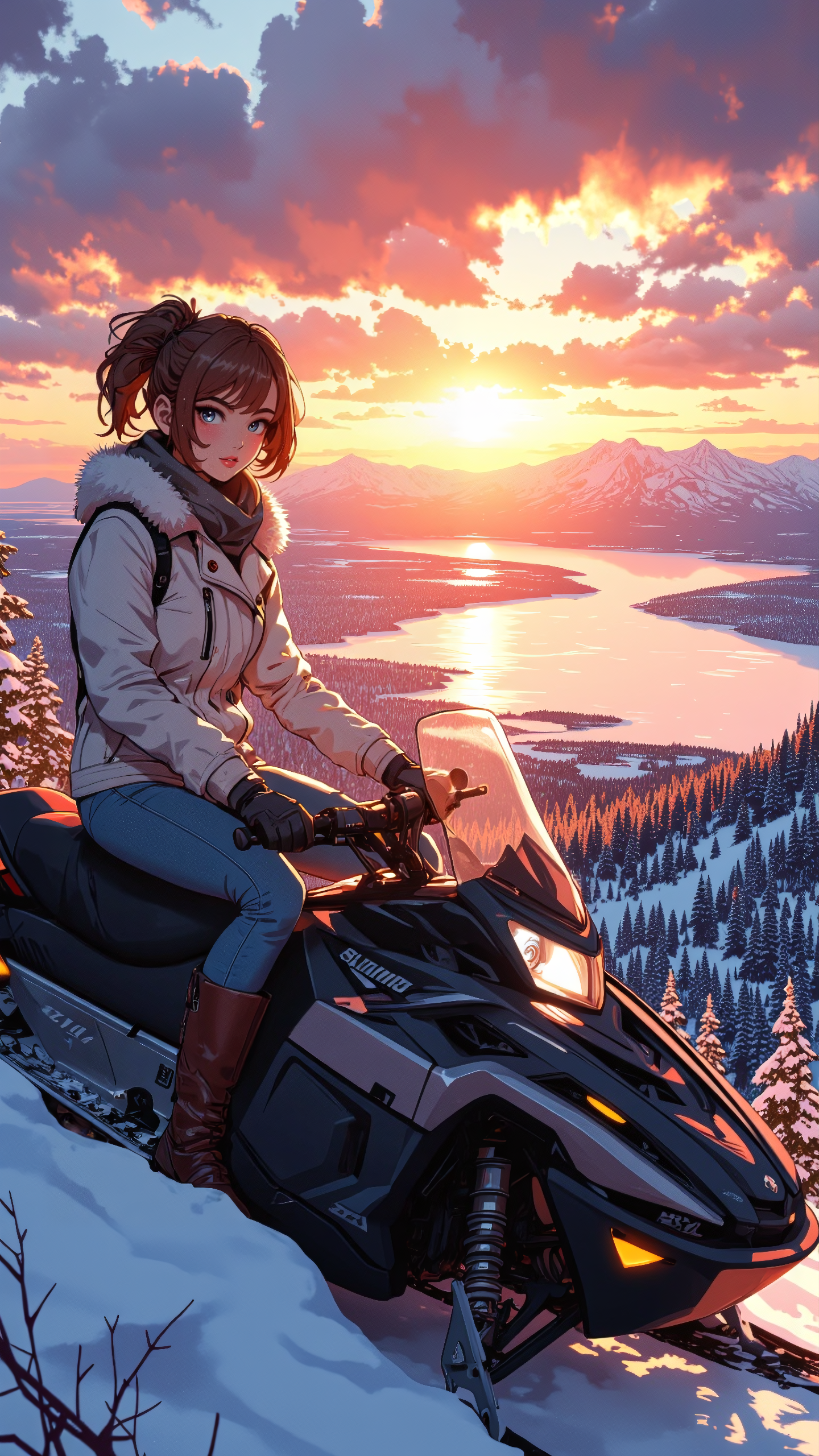 High-resolution anime-style illustration with bold painterly textures, blending soft washes with crisp, dynamic details. A cute young woman with shoulder-length chestnut-brown hair tied into a high ponytail sits confidently on a sleek snowmobile, parked atop a snowy ridge overlooking a vast Canadian wilderness at sunset. She wears a stylish, fur-lined white winter coat, unzipped just enough to reveal a hint of warmth beneath, paired with form-fitting blue jeans that hug her figure. Her bright eyes sparkle with excitement as she grips the handlebars, her cheeks slightly flushed from the crisp winter air. Below, endless snow-covered forests and frozen lakes stretch toward the horizon, bathed in the golden-pink hues of the setting sun. The sky fades from deep oranges to cool purples, reflecting off the untouched snow, while a distant trail of kicked-up powder hints at the thrill of the ride. The cold, fresh air and the soft crunch of ice beneath the snowmobile create an atmosphere of adventure and serene winter beauty. <lora:Niji_anime_style_flux:0.8> <lora:Anime_Art_V3:0.7000000000000001> <lora:ck-Sommo-Concept-Art-000015:0.9>