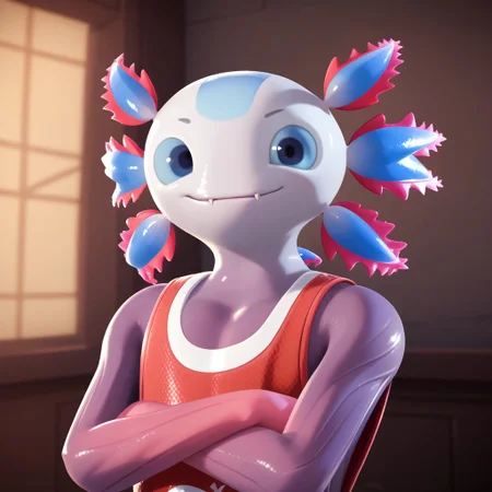 furry, solo anthro, male, smile, bust portrait, looking at viewer, axolotl, pink and blue skin, blue eyes, red shirtm crossed arms, Axo, Expressiveh, ng_deepnegative_v1_75t