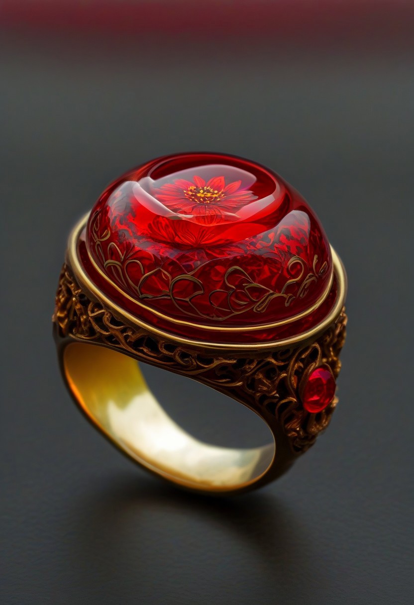 End_JewelryMorph, a ring with a red flower inside a red glass dome