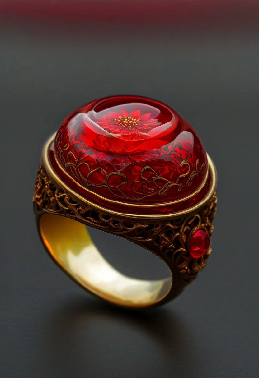 End_JewelryMorph, a ring with a red flower inside a red glass dome