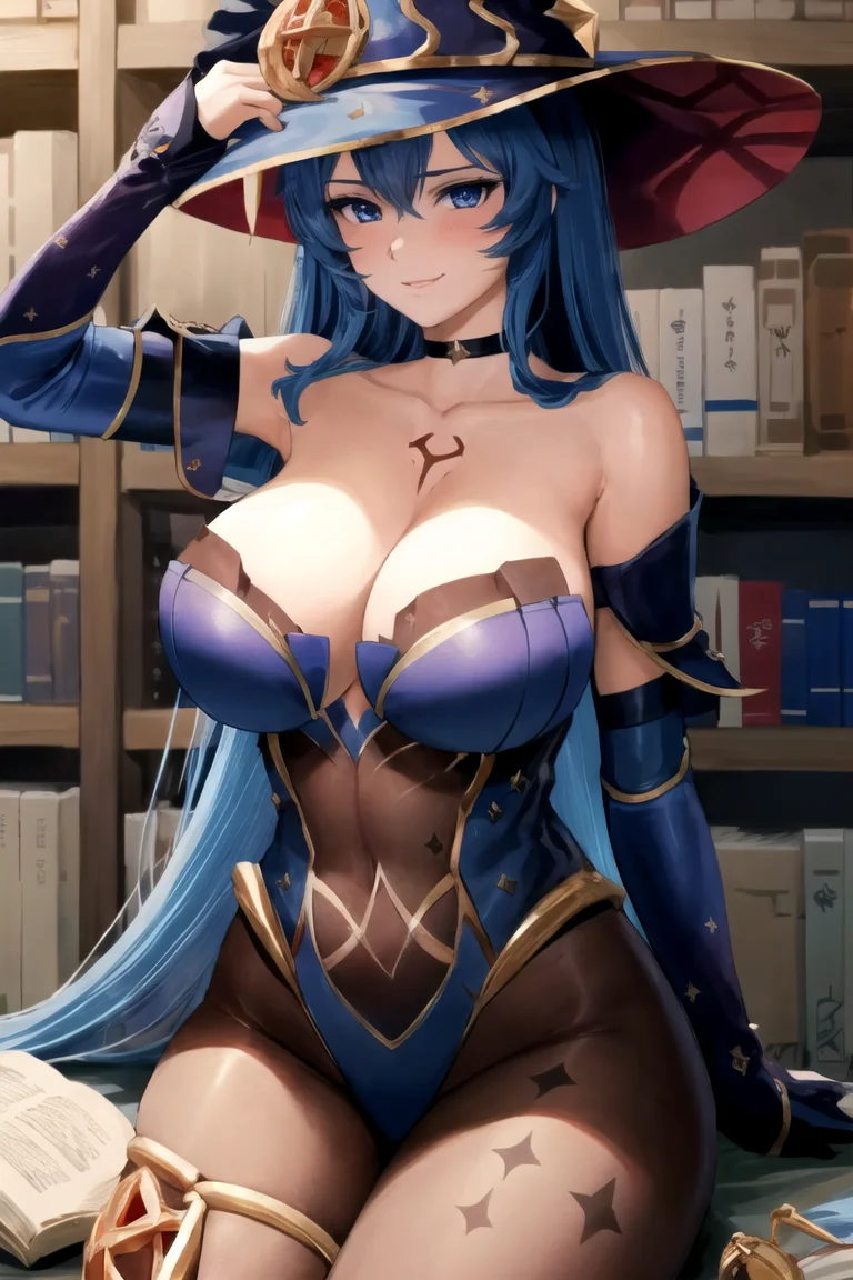 (highly detailed:1.3), mmcosplay, 1girl, solo, long hair, looking at viewer, blush, smile, large breasts, esdeath, chest tattoo, blue eyes, bare shoulders, sitting, collarbone, flower, thighs, book, bookshelf, witch, Ultra-detail,(highres:1.1),best quality,(masterpiece:1.3),specular lighting, (highly detailed face and eyes:0.6),
<lora:esdeath:1> <lora:mmcosplay:1>