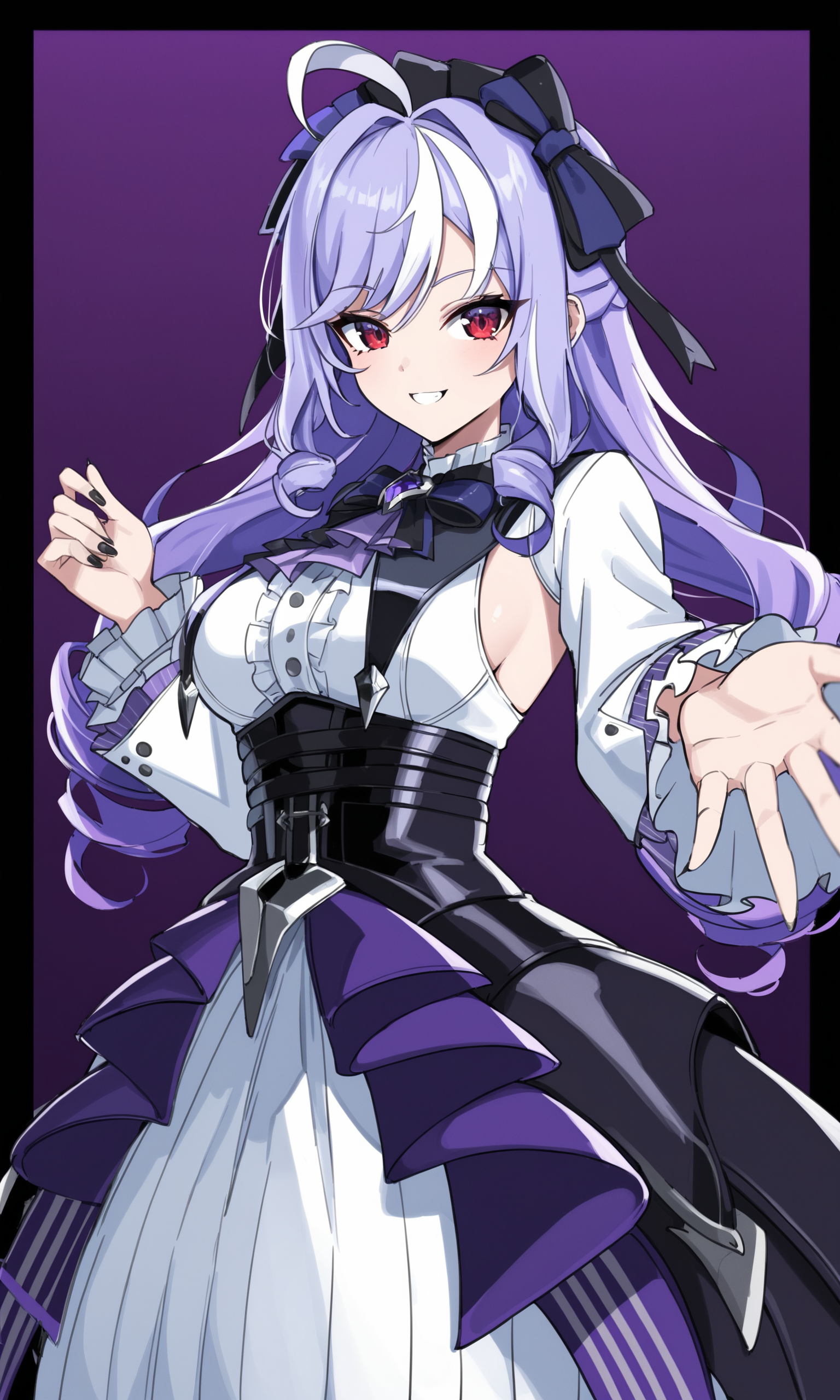 1girl, vivianzen, red_eyes, purple_hair, streaked_hair, long_hair, twin_drills, ahoge, medium_breasts, black_hairband, hair_bow, white_dress, black_bowtie, purple_ascot, frilled_dress, frills, long_sleeves, high-waist_skirt, black_skirt, overskirt, looking_at_viewer, smile, outstretched_hand, black_nails, white_border, purple_background
