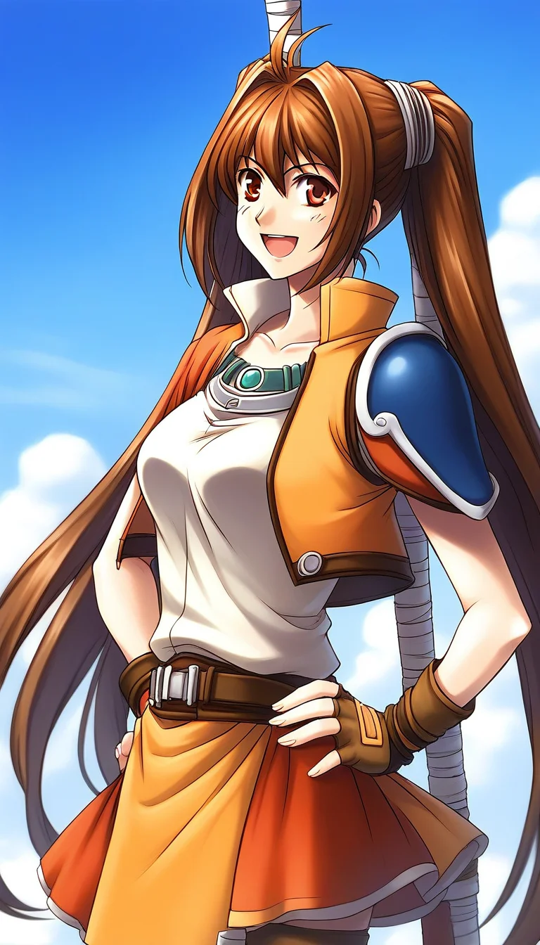 score_9, score_8_up, score_7_up, source_anime, rating_explicit, BREAKã <lora:Estelle_Bright_Retro_XL:1> Estelle_Bright, brown hair, long hair, red eyes, ahoge, brown eyes, very long hair, hair intakes, medium breasts,
solo, twintails, thighhighs, staff, skirt, orange skirt, gloves, fingerless gloves, weapon, smile, belt, zettai ryouiki, miniskirt, hand on hip, open mouth, shirt, armor, jacket, jewelry
outdoor, day, sky,
looking at viewer,
cowboy_Shot,