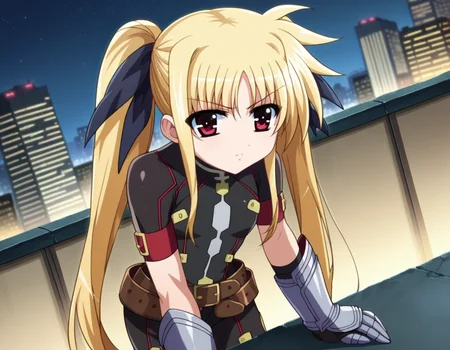 score_9, score_8_up, score_7_up, source_anime,
fatetestarossa, <lora:fate-testarossa-movie2-ponyxl-lora-nochekaiser:1>,
fate testarossa, long hair, blonde hair, red eyes, twintails, hair ribbon,
gloves, belt, bodysuit, magical girl, gauntlets,
outdoors, cityscape, night, bent over,
looking at viewer, dutch angle, cowboy shot,