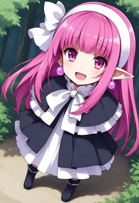 1girl,solo,long sleeve,black long dress,Slit in the center dress,pink hair,pink eyes,capelet,black Long boots,blunt bangs,long dress,earrings,white hair ribbon,white hairband,pointy ears,ribbon,kind smile,cheek,open mouth,standing,full body,dramatic angle,forest,day,