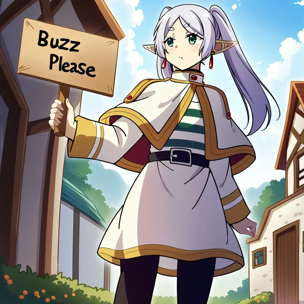 score_9, score_8_up, score_7_up,source_anime,BREAK ,solo, 1girl, (((Frieren with a sign with text "Buzz Please!" <lora:buzz-text:.85>))), brown boots, twintails, earrings, black pantyhose, black belt, capelet, white skirt set, striped shirt, white jacket, white hair, elf,
outdoors, ,best quality, high quality,high contrast, complex background CG, HD wallpaper, best quality, village
