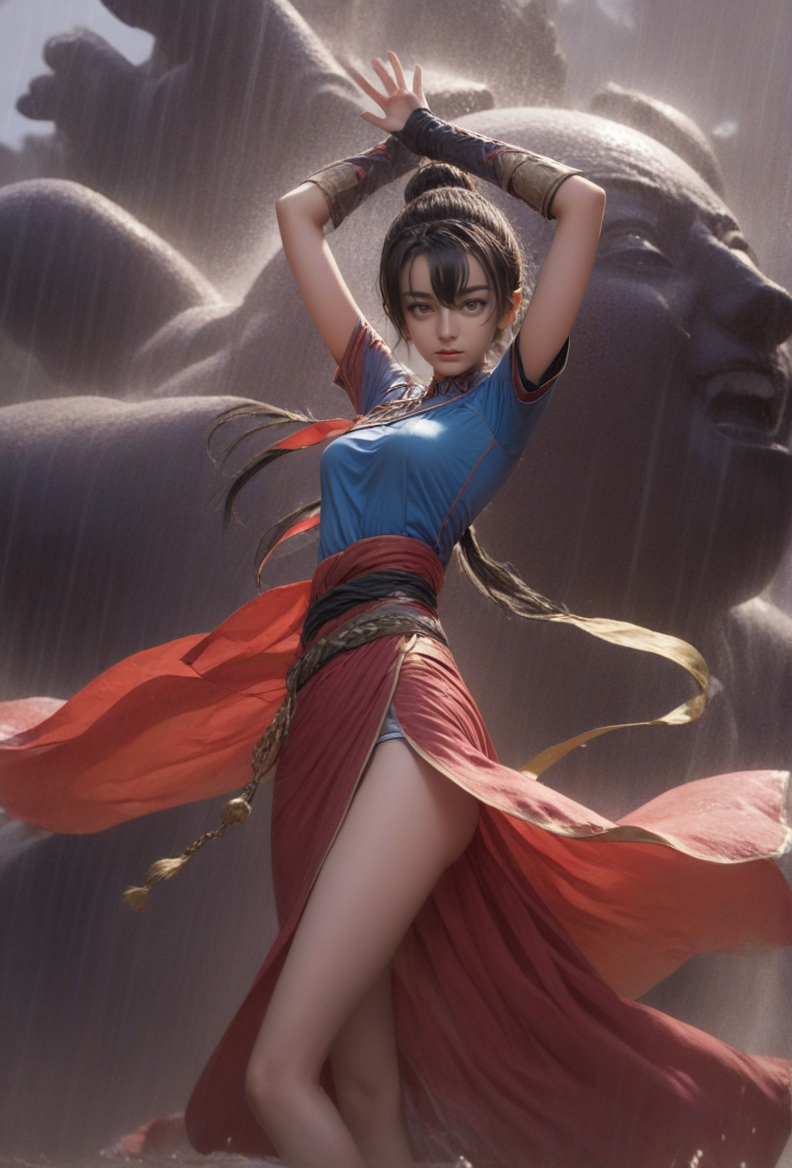 anime artwork <lora:fightdress_SDXL_reg_:1>,1girl,25yo,fighting,the background is a huge buddha statue and pagoda,cannot fail,black hair,hair bun,<lora:dili_SDXL_1_:1>,blush,sweat,Tsundere,in pouring rain, . anime style, key visual, vibrant, studio anime,  highly detailed