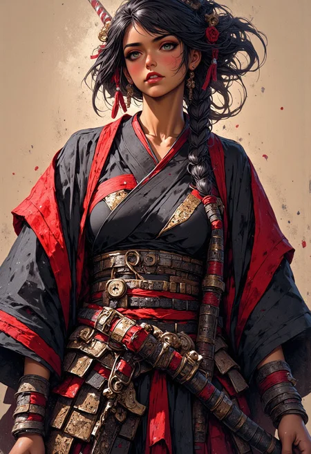 oil painting, rough, textural, broad brush strokes, portrait of most beautiful japanese samurai woman, chest focus, best quality, masterpiece, 8k, highly detailed, beautiful, red lips, wear black and red japanese traditional armor, (huge breasts: 2.0), long hair, bangs, sidelocks, long mismatched earrings, katana in scabbard at her waist, mythp0rt,