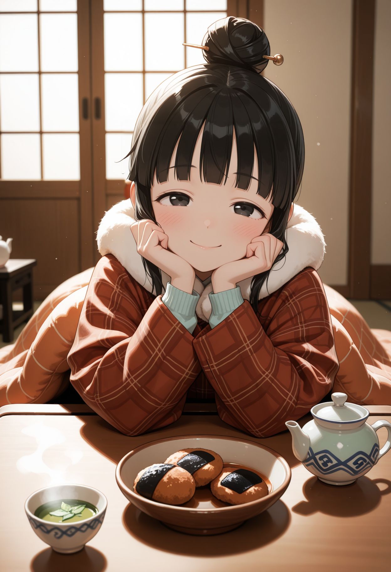 masterpiece,best quality,absurdres,highres,very aesthetic,high quality,detailed,insanely detailed,beautiful,perfect lighting, looking at viewer, 
 <lora:Mokuren illu:1> 1girl, black hair, black eyes, single hair bun, blunt bang, hair ornament, sidelocks, hair stick, winter clothes, tea, kotatsu, low table, small japanese teapot, green tea, senbei, smile, blush, looking at viewer,