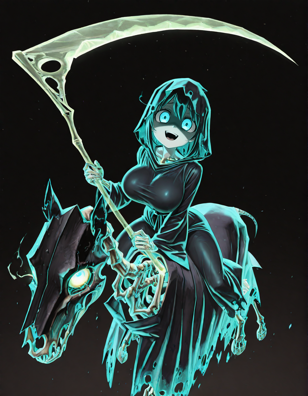 (2D,masterpiece,best quality,amazing quality, high resolution,looking at viewer,ultra-detailed,1 girl,solo,source_anime,petite,lovely,curvy,cute,huge_breasts,spooky,ghost,Simple black background),Hexwraiths,holding scythe,horseback riding,skeleton,skeleton horse,robe,hooded robe,glowing eyes,attack trail, attack, swinging weapon,Shortstack,open mouth,shaded face, scared face, yandere, smile,taut clothes,<lora:Hexwraiths:1>, <lora:ValbunStyle-IL:0.4>