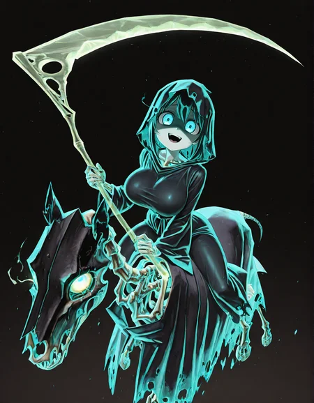 (2D,masterpiece,best quality,amazing quality, high resolution,looking at viewer,ultra-detailed,1 girl,solo,source_anime,petite,lovely,curvy,cute,huge_breasts,spooky,ghost,Simple black background),Hexwraiths,holding scythe,horseback riding,skeleton,skeleton horse,robe,hooded robe,glowing eyes,attack trail, attack, swinging weapon,Shortstack,open mouth,shaded face, scared face, yandere, smile,taut clothes,<lora:Hexwraiths:1>, <lora:ValbunStyle-IL:0.4>