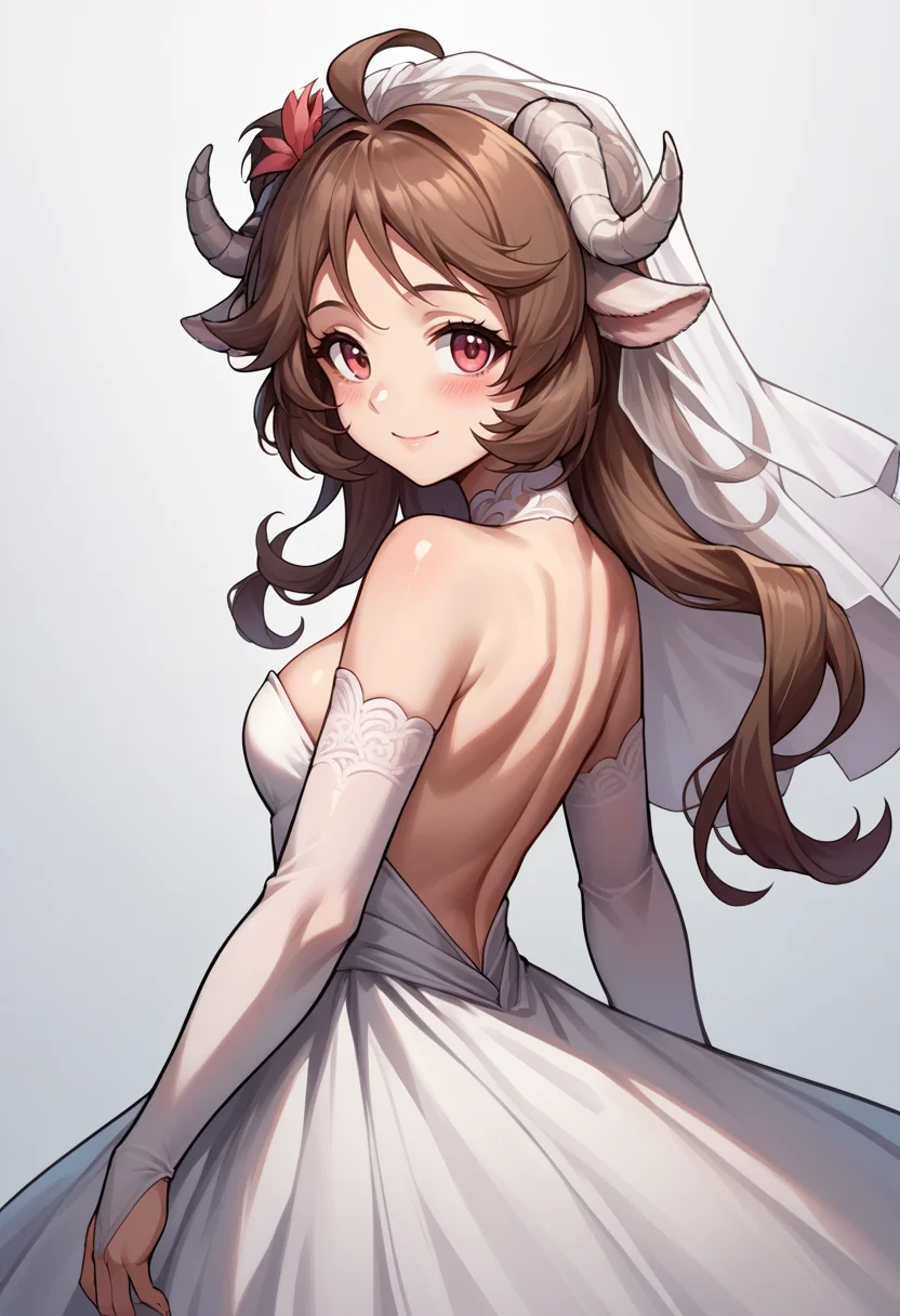 score_9, score_8_up, source_anime, 1girl, solo, Eyjafjalla, curled horns, ahoge, backless dress, bridal gauntlets, bridal veil, eyelashes, from side, looking at viewer, strapless dress, wedding dress, white dress, simple background, smile, blush, <lora:ChamPonyXLEyjafjalla:1>